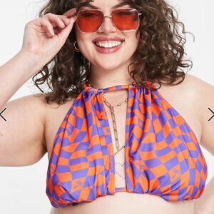 NWOT! COLLUSION Warped Print Keyhole Bikini Top Size 14 Orange Blue